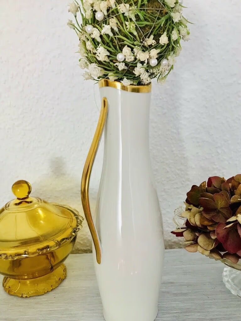 Antik Art Déco Porzellan Vase Henkel Blumenvase Elfenbein Goldrand Eschenbach