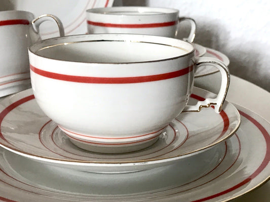 Antik Art Déco Porzellan Kaffeeservice weiß rot orange gemarkt deutsch Bauhaus