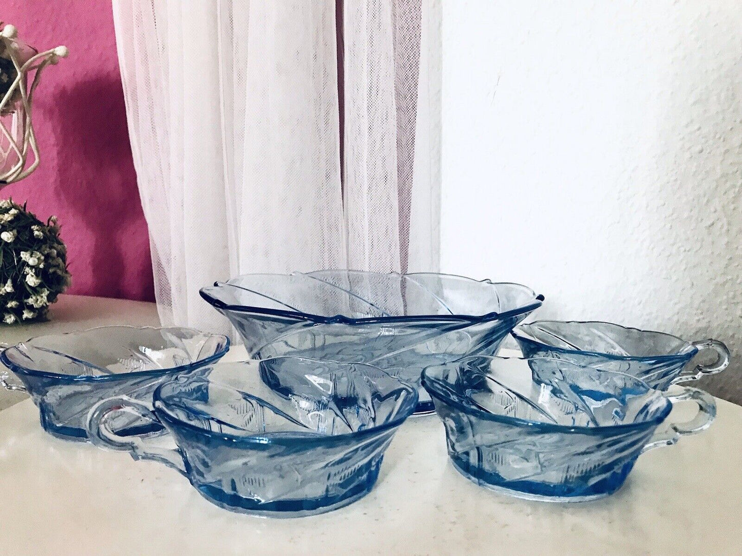 Antik Set blau Dessert Kompott Eis Schale 5x Schälchen Pressglas Art Déco Griffe