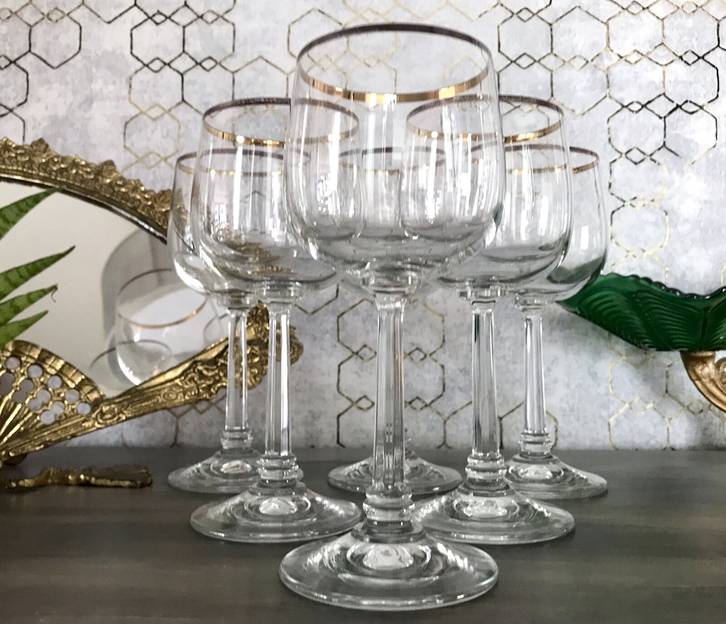 Art Déco Stil 6 Gläser Weingläser Rotweingläser Glas Goldrand Lausitzer