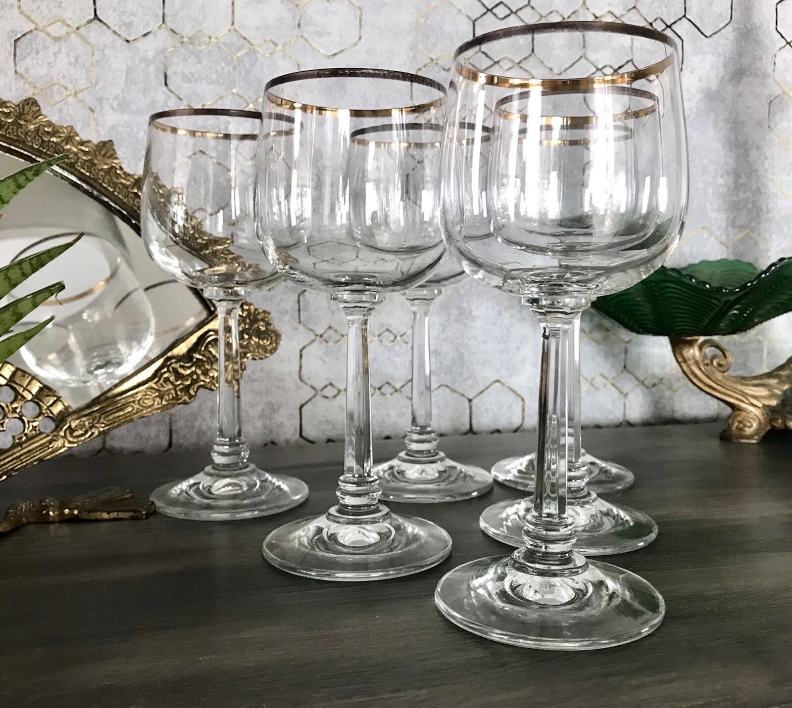 Art Déco Stil 6 Gläser Weingläser Rotweingläser Glas Goldrand Lausitzer