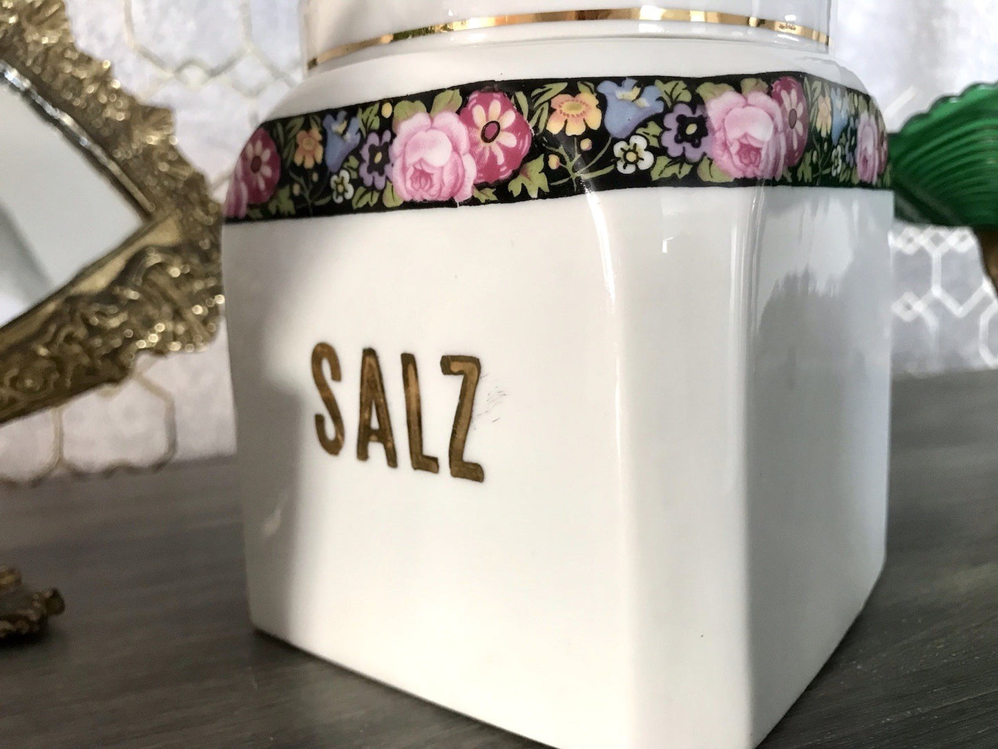 Antik Porzellan Dose Vorratsgefäß Vorratsdose Salz Blumenborte Art Déco