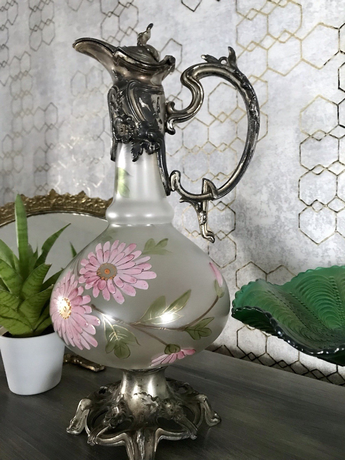 Antik Legras Karaffe Dekanter Schankkrug Glas versilbert Montur bemalt