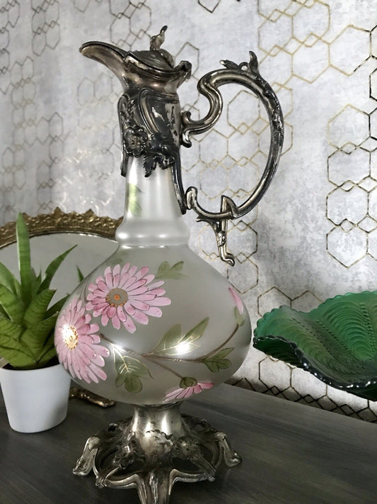 Antik Legras Karaffe Dekanter Schankkrug Glas versilbert Montur bemalt