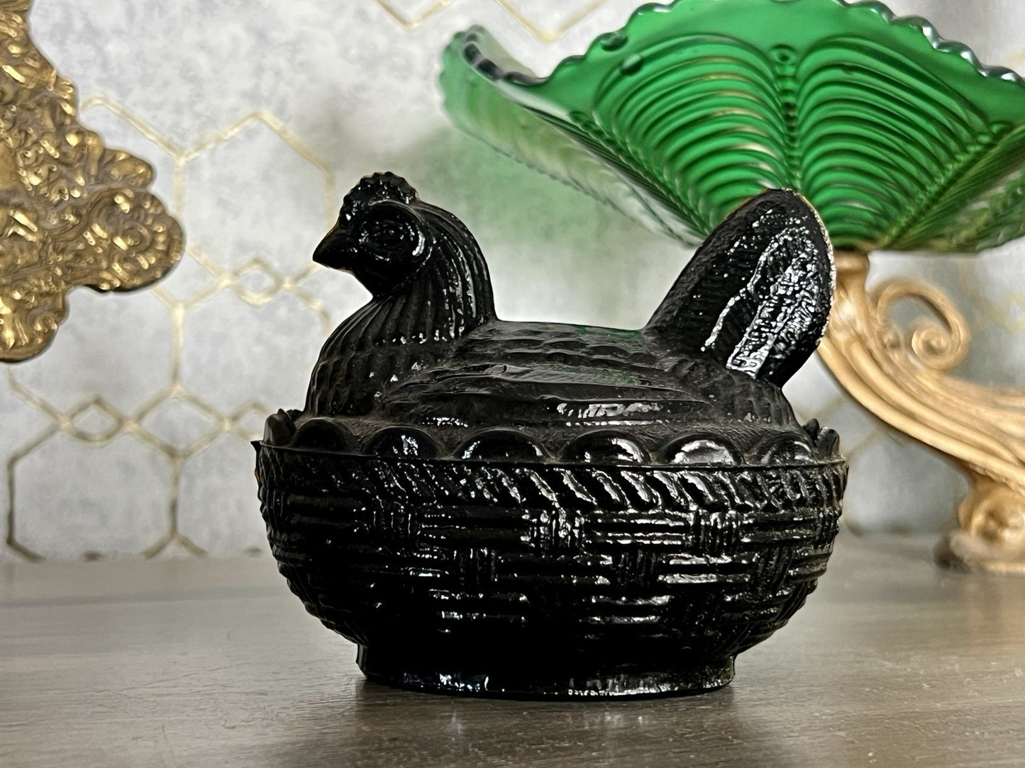 Antik Jugendstil Art Deco Glasdose Dose Deckeldose Pressglas Henne schwarz