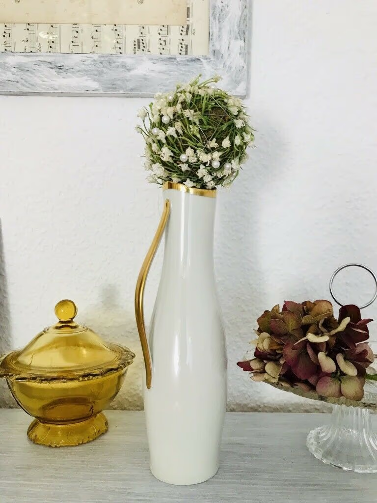 Antik Art Déco Porzellan Vase Henkel Blumenvase Elfenbein Goldrand Eschenbach