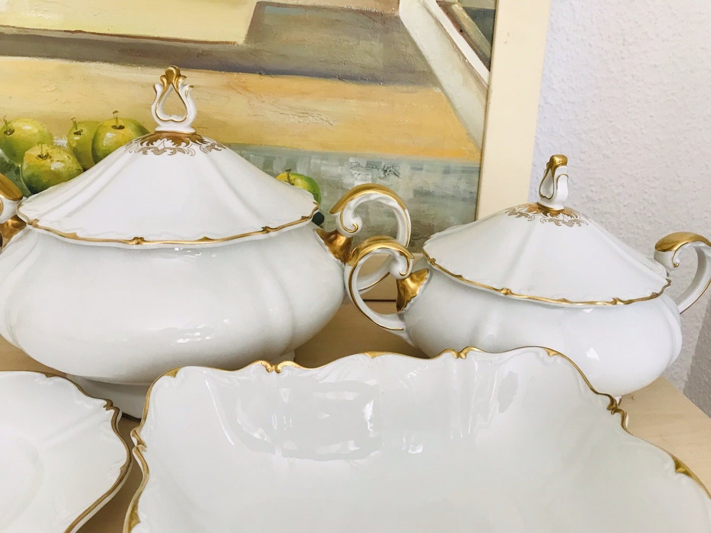Antik Art Déco Porzellan Tafelservice Carstens Sorau weiß goldene Ranke EDEL