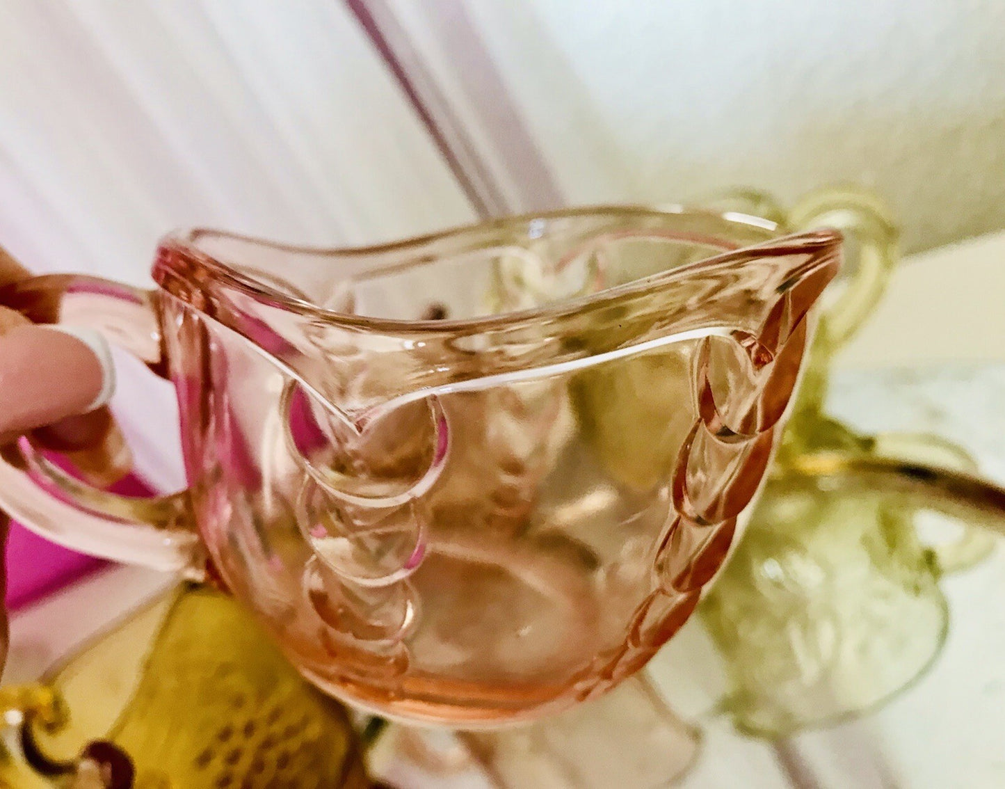 Antik 5 Art Déco Pressglas Sahnegießer Milchkännchen Kännchen Glas gelb rosa