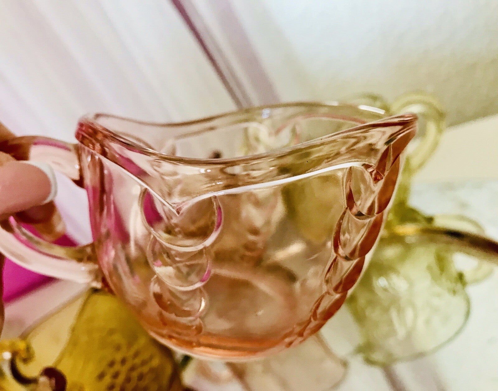 Antik 5 Art Déco Pressglas Sahnegießer Milchkännchen Kännchen Glas gelb rosa