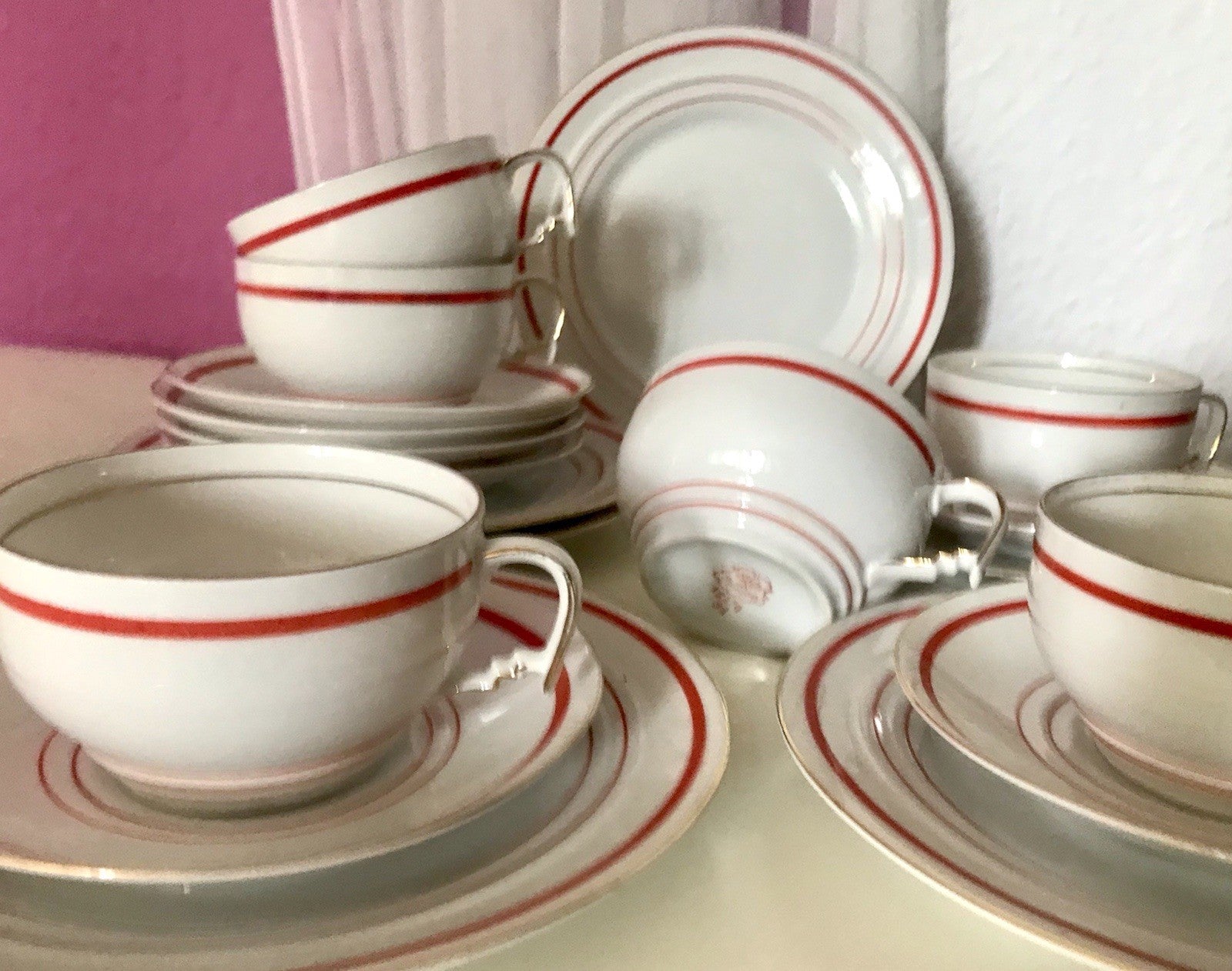 Antik Art Déco Porzellan Kaffeeservice weiß rot orange gemarkt deutsch Bauhaus