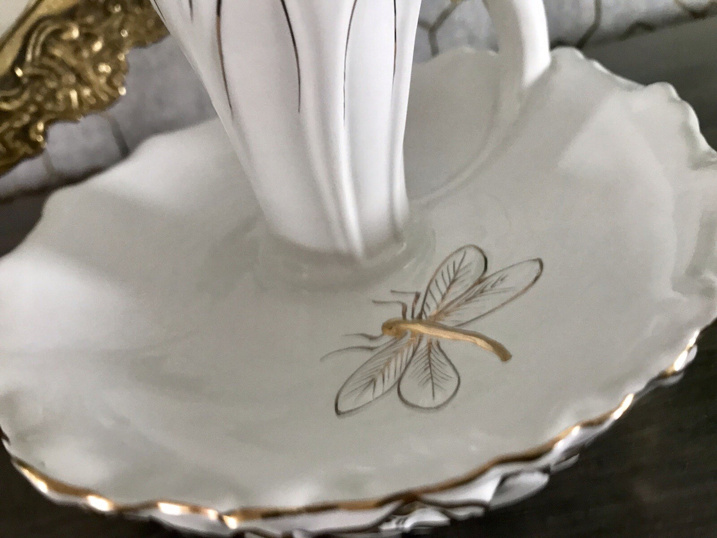 Antik reines Jugendstil Porzellan Kammerleuchter Leuchter weiß gold Libelle