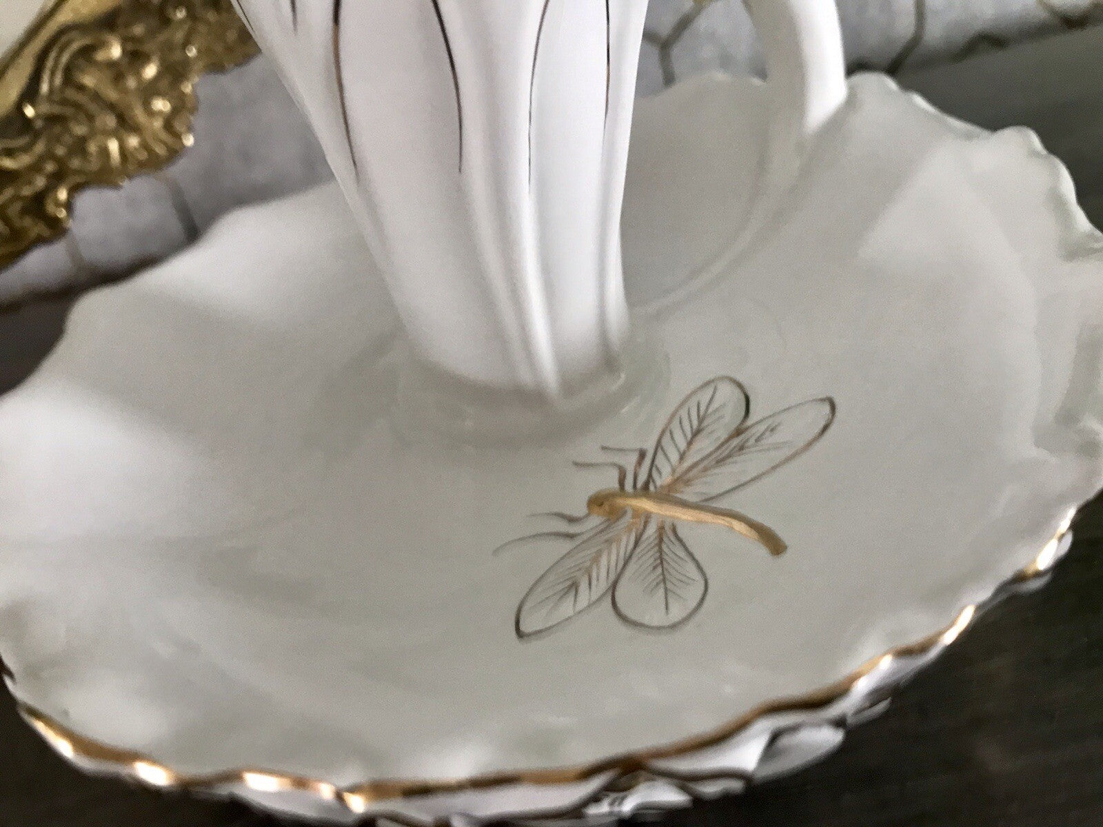 Antik reines Jugendstil Porzellan Kammerleuchter Leuchter weiß gold Libelle