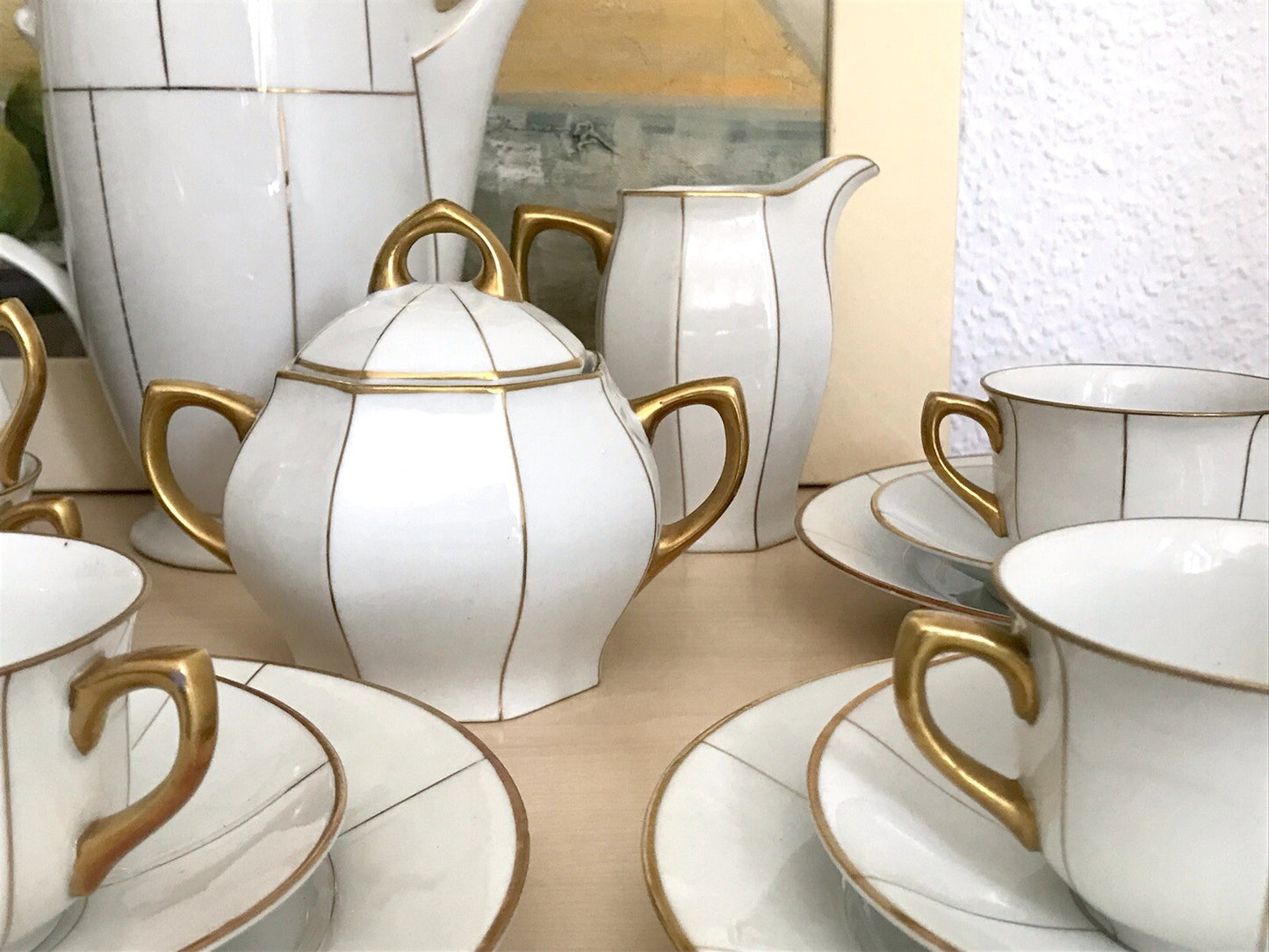 Antik Art Déco Porzellan 10+ Personen Kaffeeservice EDEL weiß Golddekor kantig