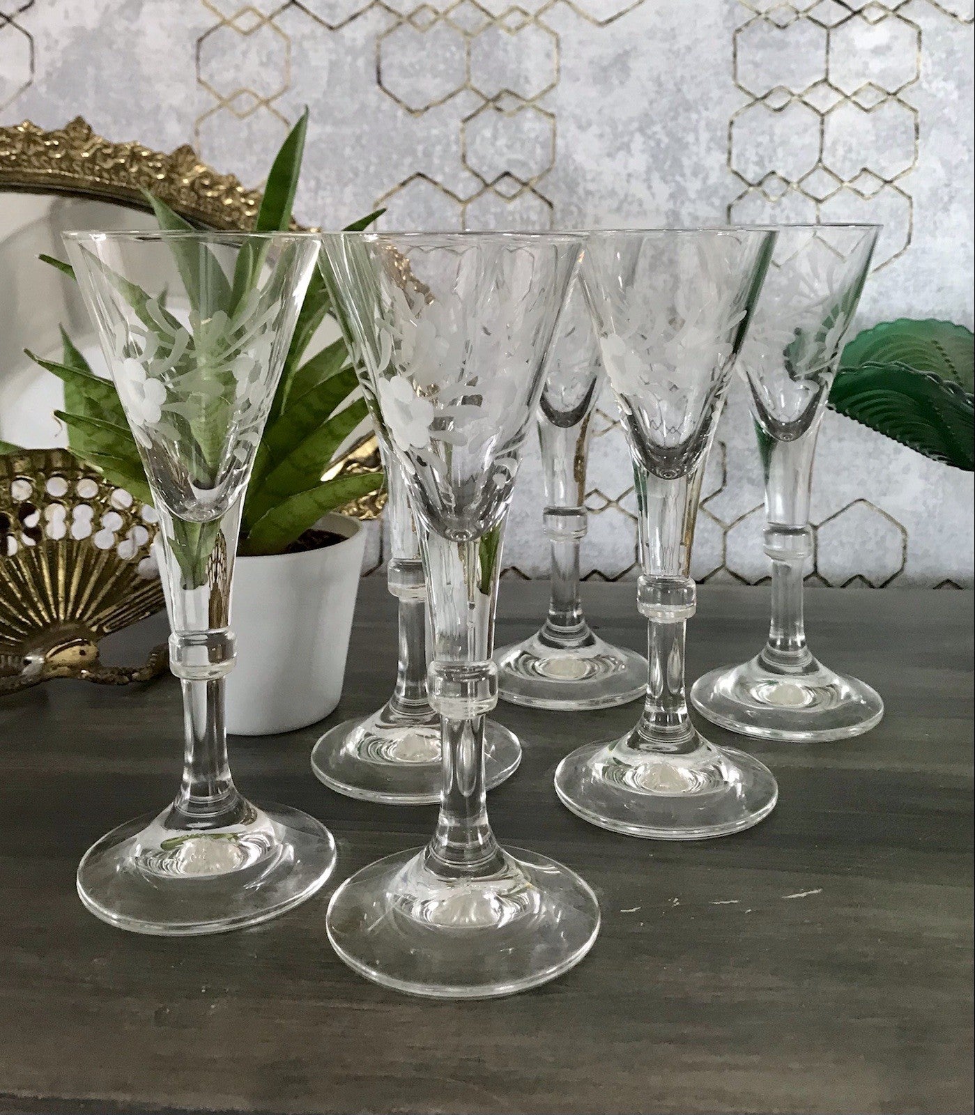 Antik Alt 6 Cherrygläser Gläser Kristallglas graviert