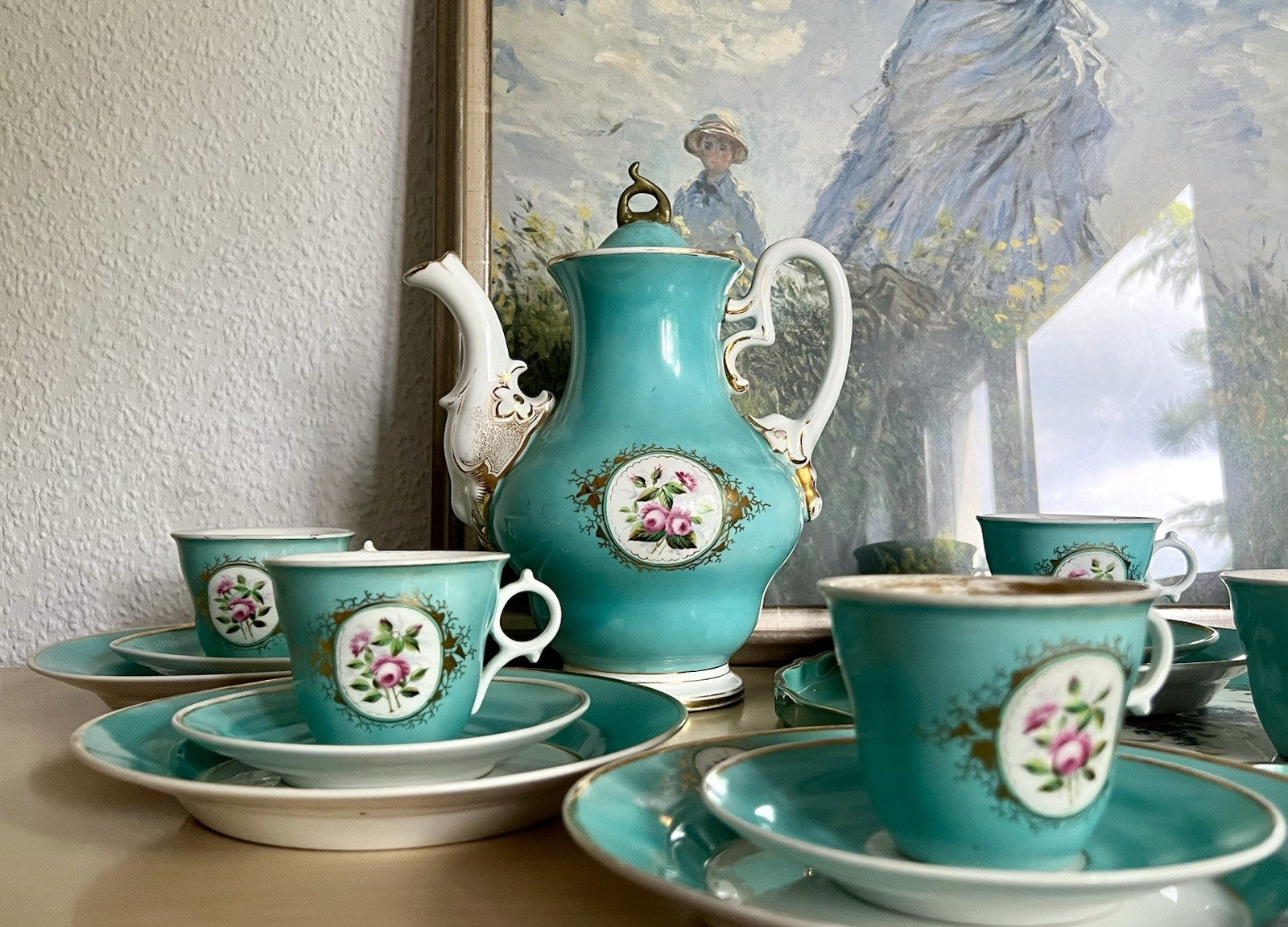 Antik 1870-1900 Porzellan Kaffeeservice 6 Pers. Carl Tielsch Altwasser türkis
