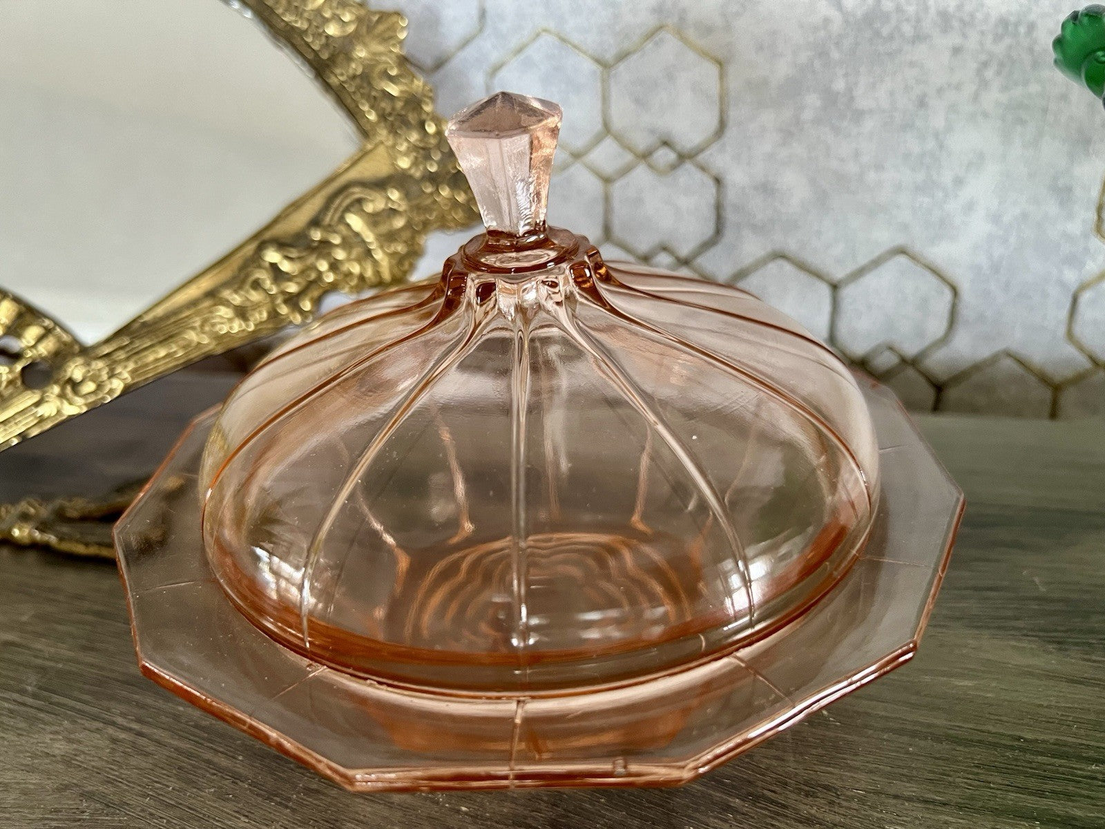 Antik Art Déco Dose Deckeldose Rosalin Rosa Pressglas