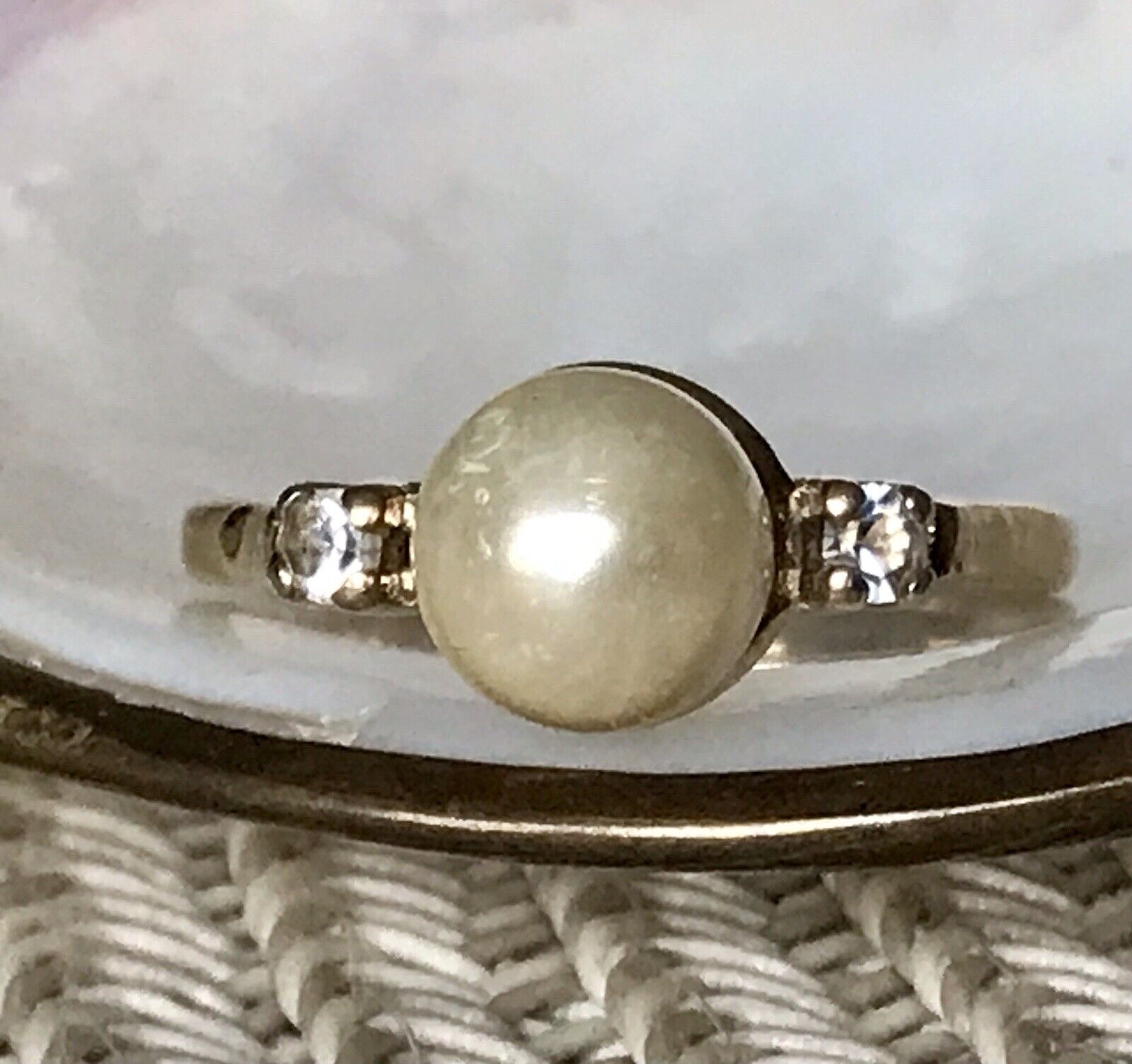 Antik Alt Edel DAMEN RING Silber 925 Perle farblose Steine Gr.58 18,4 vergoldet