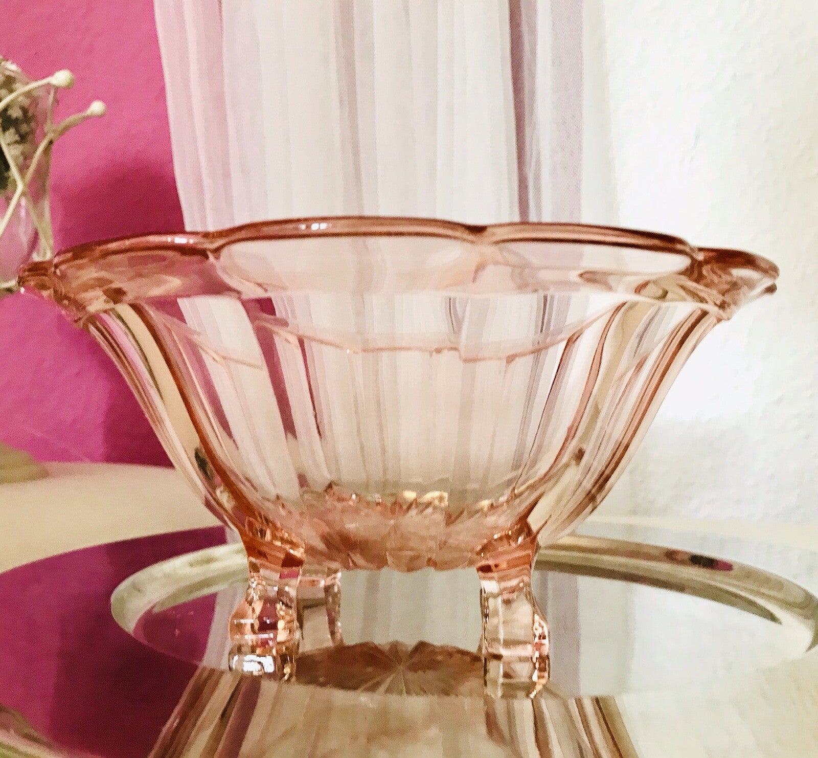 Antik Art Déco Schale Pressglas Rosalin rosa Glas Glasschale vierfüßig