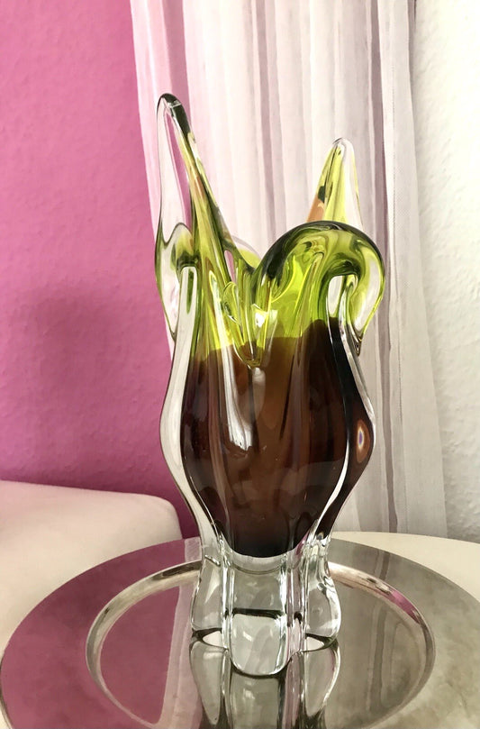 Vintage große Glasvase Vase Chribska 60er Jahre Glas Hospodka grün aubergine