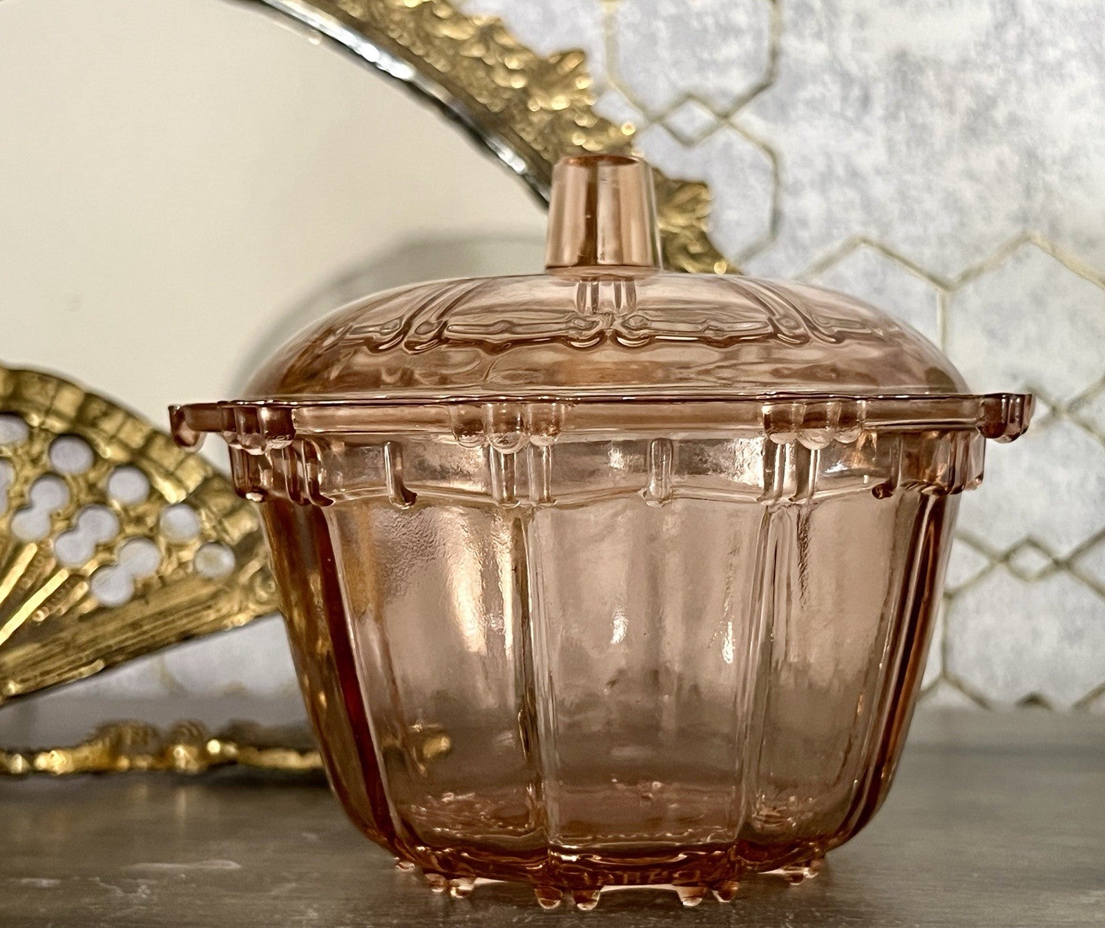 Art Déco Stil Dose Deckeldose Rosalin Rosa Pressglas