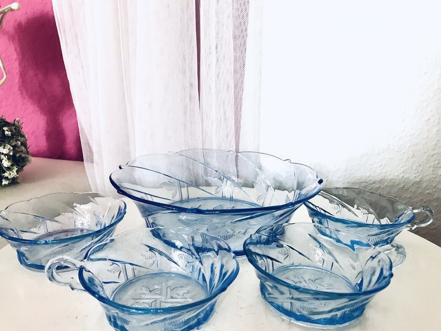 Antik Set blau Dessert Kompott Eis Schale 5x Schälchen Pressglas Art Déco Griffe