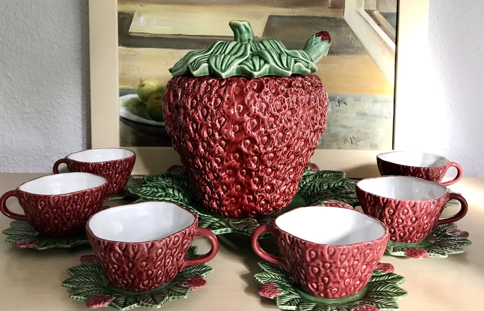 Vintage alt Majolika Keramik Bowle Set Topf 6 Tassen grün rot Erdbeere Pinhero