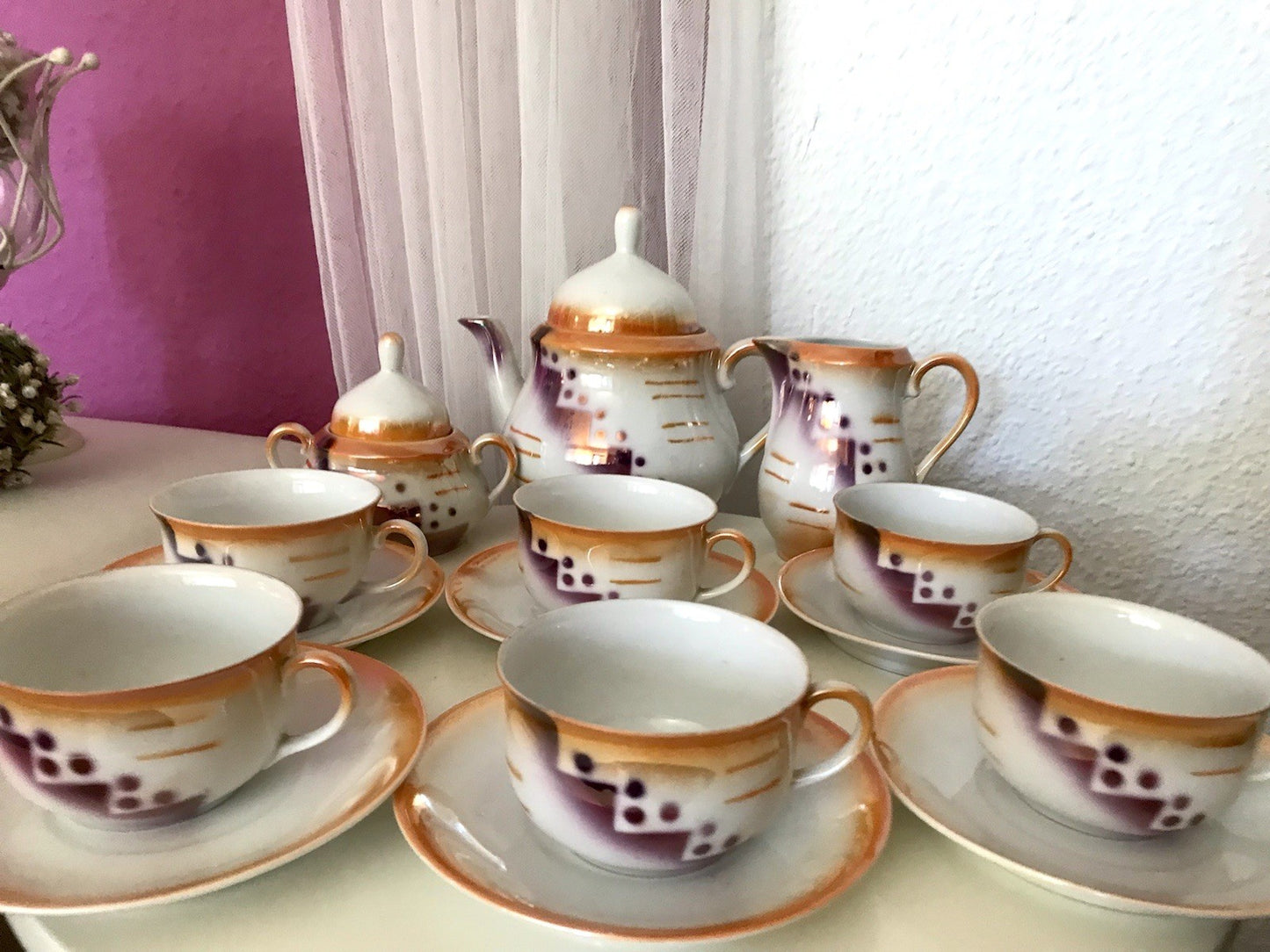 Antik Art Déco Porzellan Kaffeeservice Spritzdekor Teeservice 6 Pers.