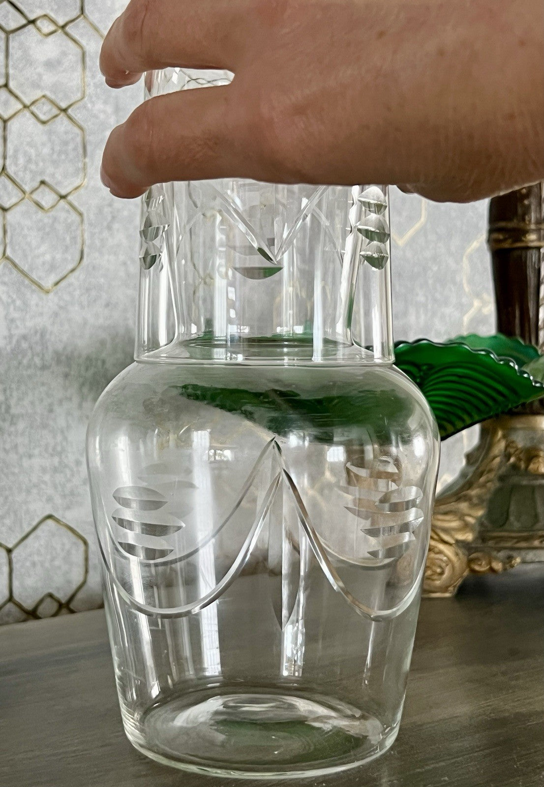 Antik Art Deco Sturzflasche Karaffe Dekanter & Becher Glas geschliffen
