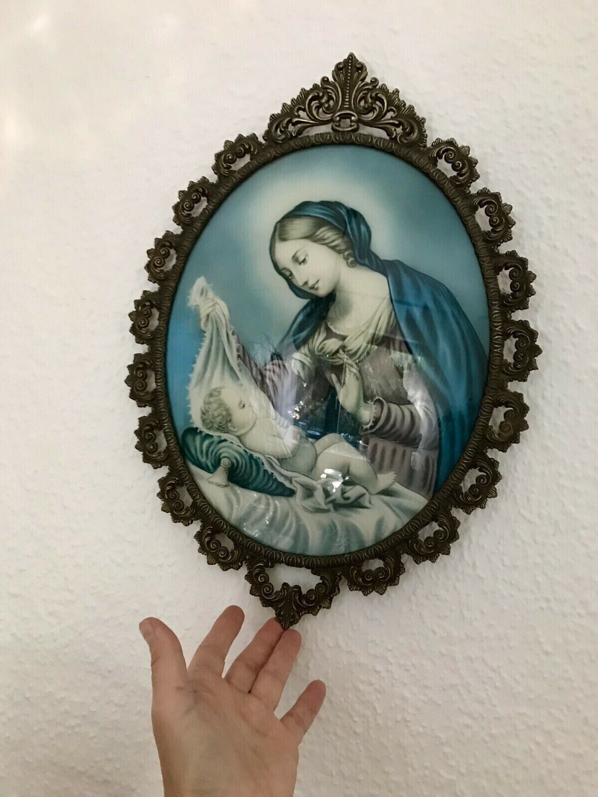 Alt Vintage Bilderrahmen Messing ? Guss ? Votivbild gewölbtes Glas Madonna&Jesus