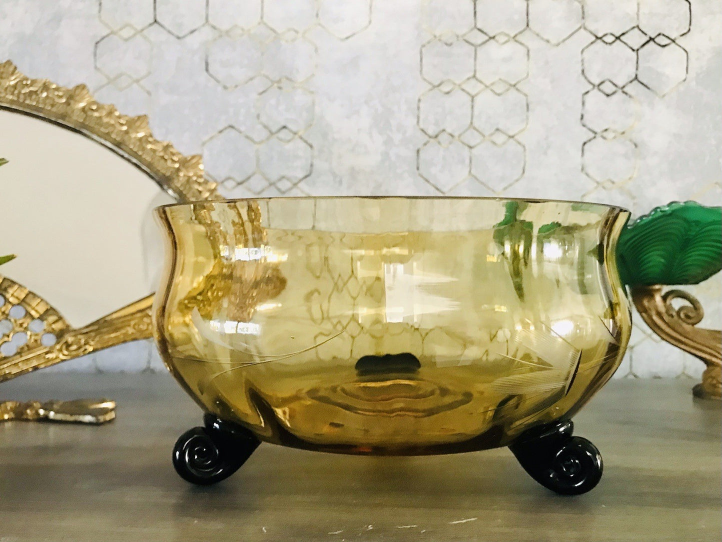 Antik Art Déco Schale Glasschale Bernstein Gelb schwarz Glas gerippt & Schliff