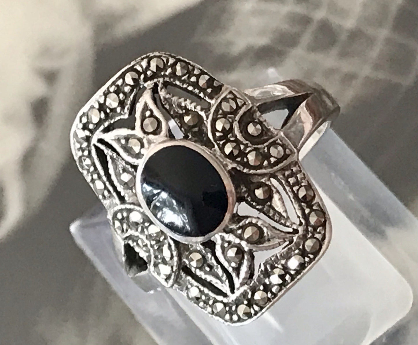 Antik Art Déco Damen Schiffchen Ring 925 Silber Gr.60 Onyx Markasite