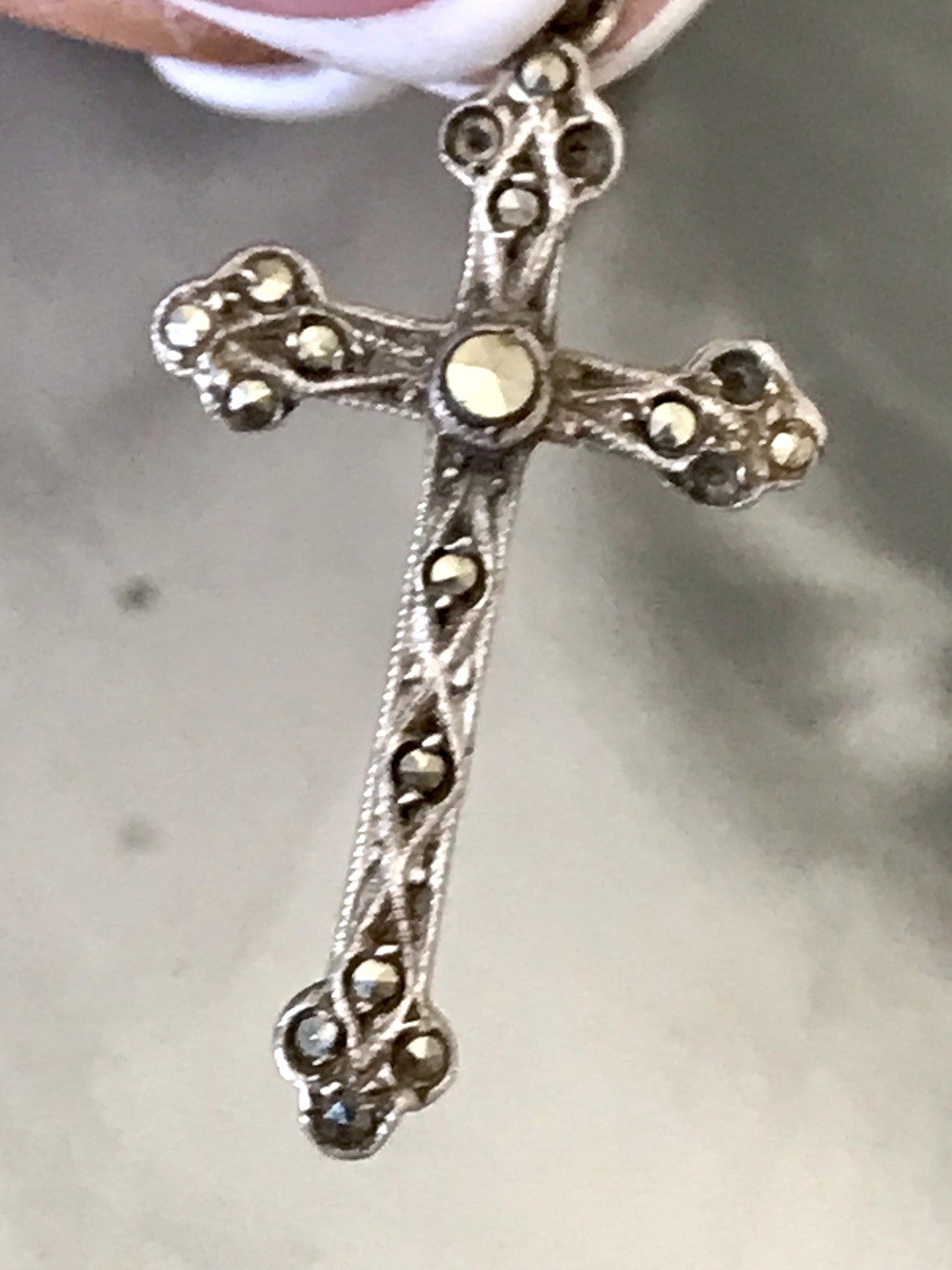 Antik Art Déco Echtsilber Silber Kreuz Anhänger Kettenanhänger Markasite