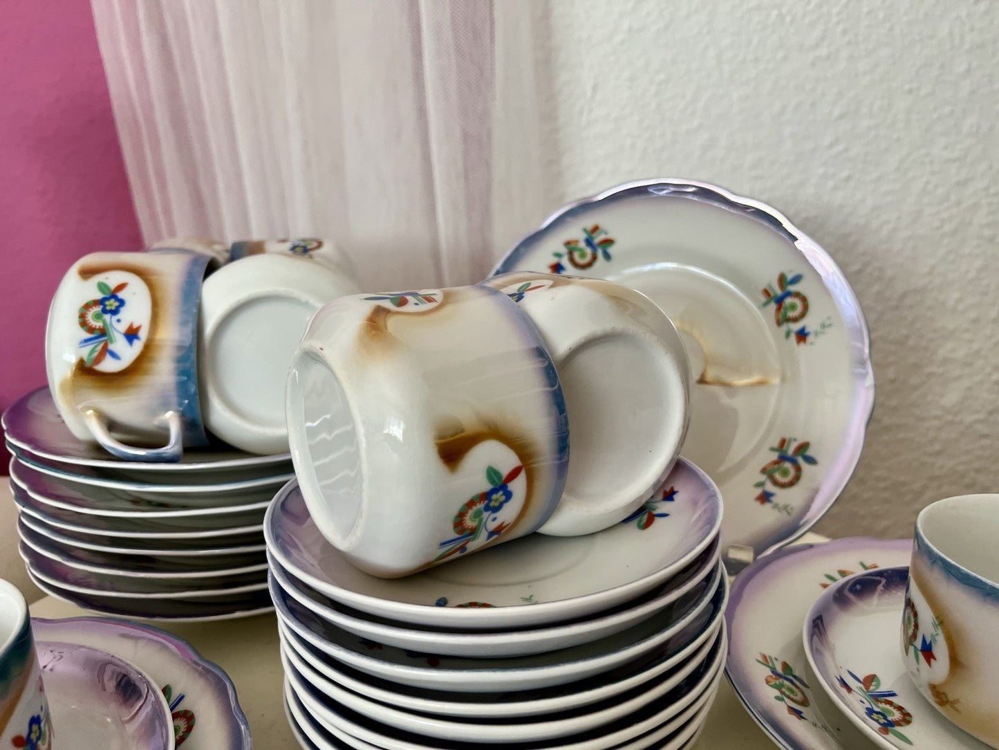 Antik Art Déco Porzellan Kaffeeservice Spritzdekor Teeservice 9 Pers. plus
