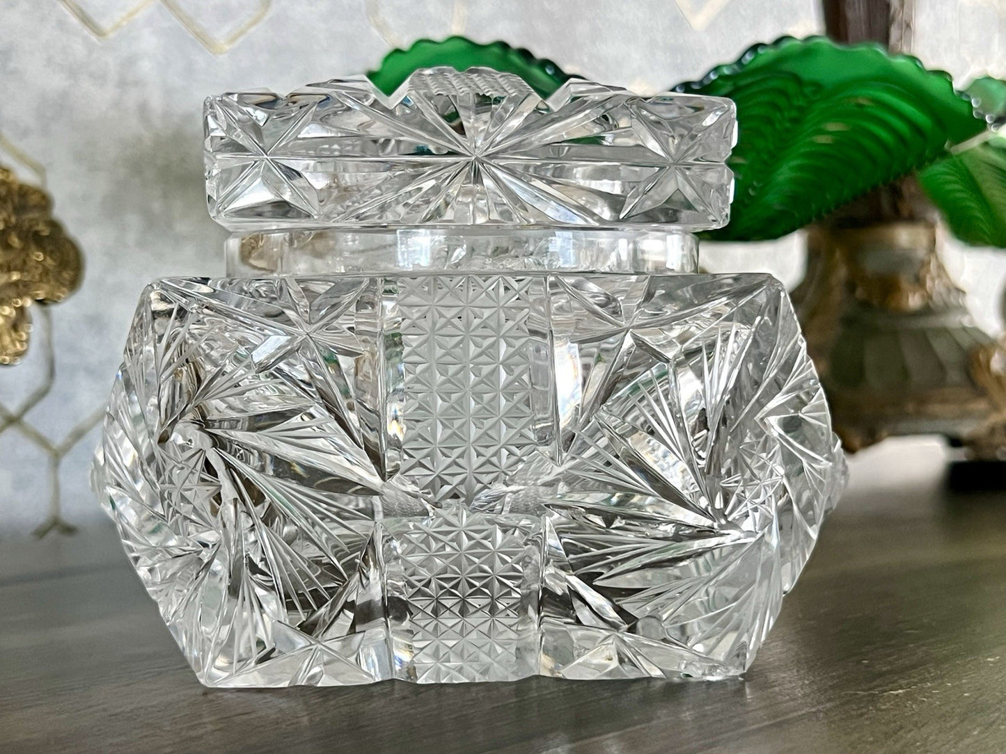 Antik Vintage Art Deco EDEL Glasdose Deckeldose Schatulle Kristallglas Schliff