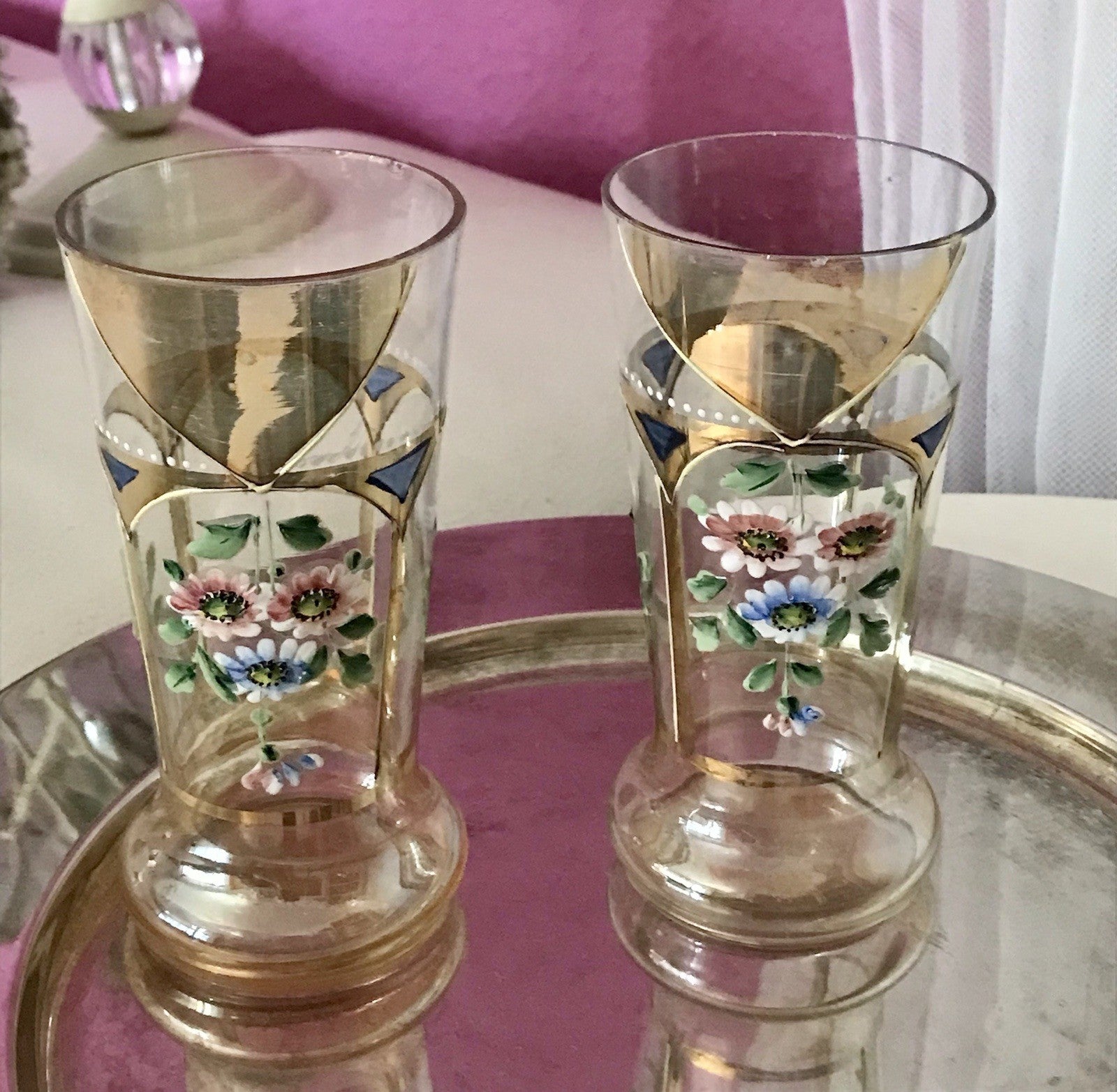 Antik Jugendstil Emaile -Malerei Glas Fußbecher Becher Pokal Bierglas irisierend