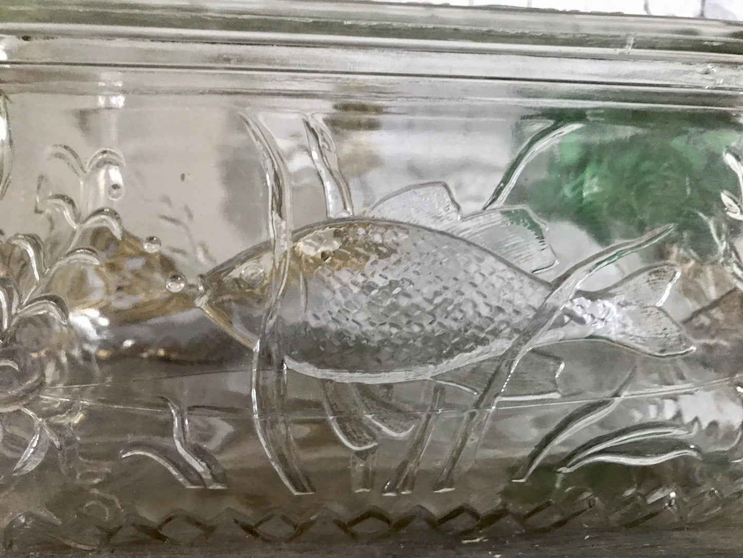 Antik Art Déco Deckeldose Dose Glasdose Pressglas Haribo Lakritze Fischmuster