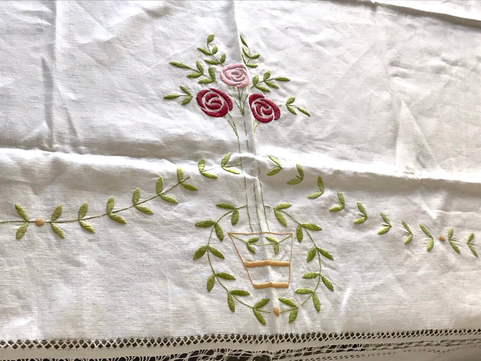 Antik Leinen Jugendstil Tischdecke natur bunt Rosen Stickerei 136 cm x 205 cm