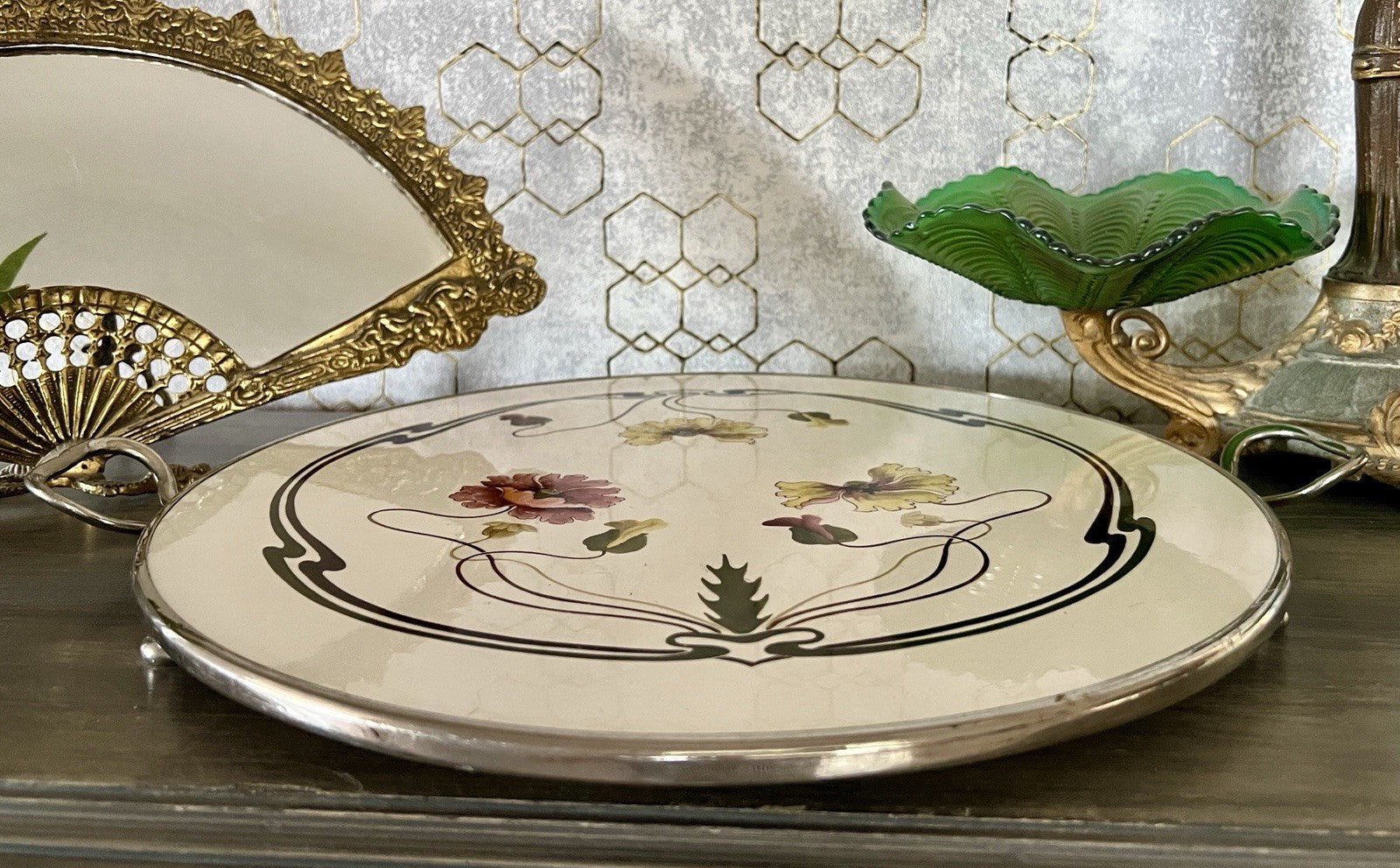 Antik WMF Jugendstil Art Deco Tortenplatte  Metallmontur Porzellan Keramik