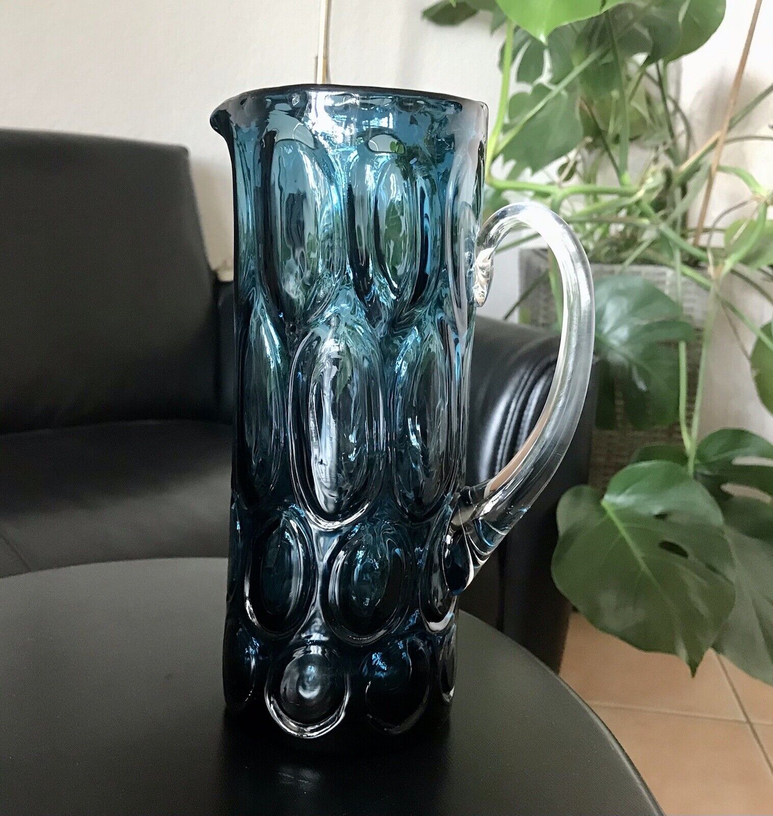 Vintage Designer 60er Krug Kanne Karaffe Space Age Glas Bubble Struktur blau