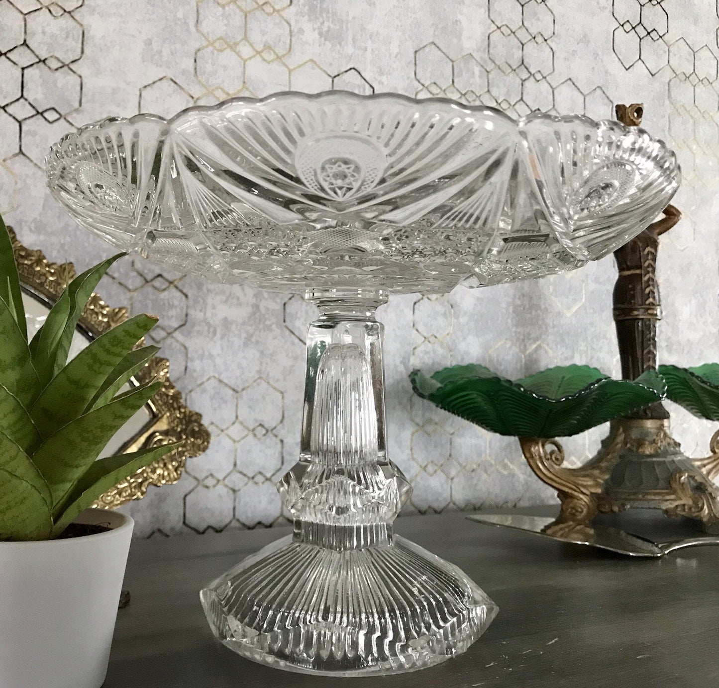 Antik Art Déco Pressglas Glas Schale Fußschale Tafelaufsatz Brockwitz Imperial