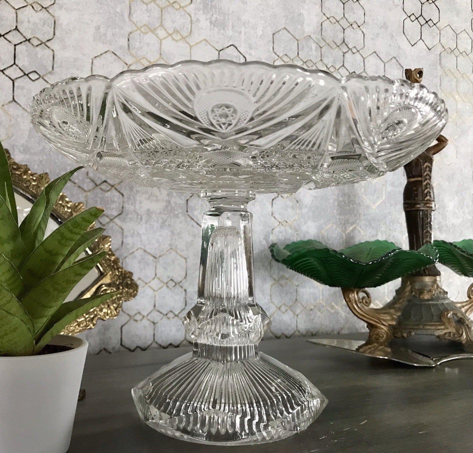 Antik Art Déco Pressglas Glas Schale Fußschale Tafelaufsatz Brockwitz Imperial
