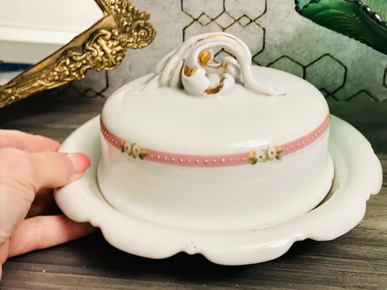 Antik Biedermeier Porzellan Butterdose Dose Handbemalung weiß rosa gold