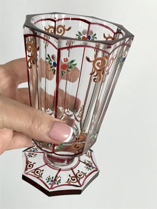 Antikisiert Replik Böhmisch Biedermeier Email-Malerei Glas Fußbecher bemalt