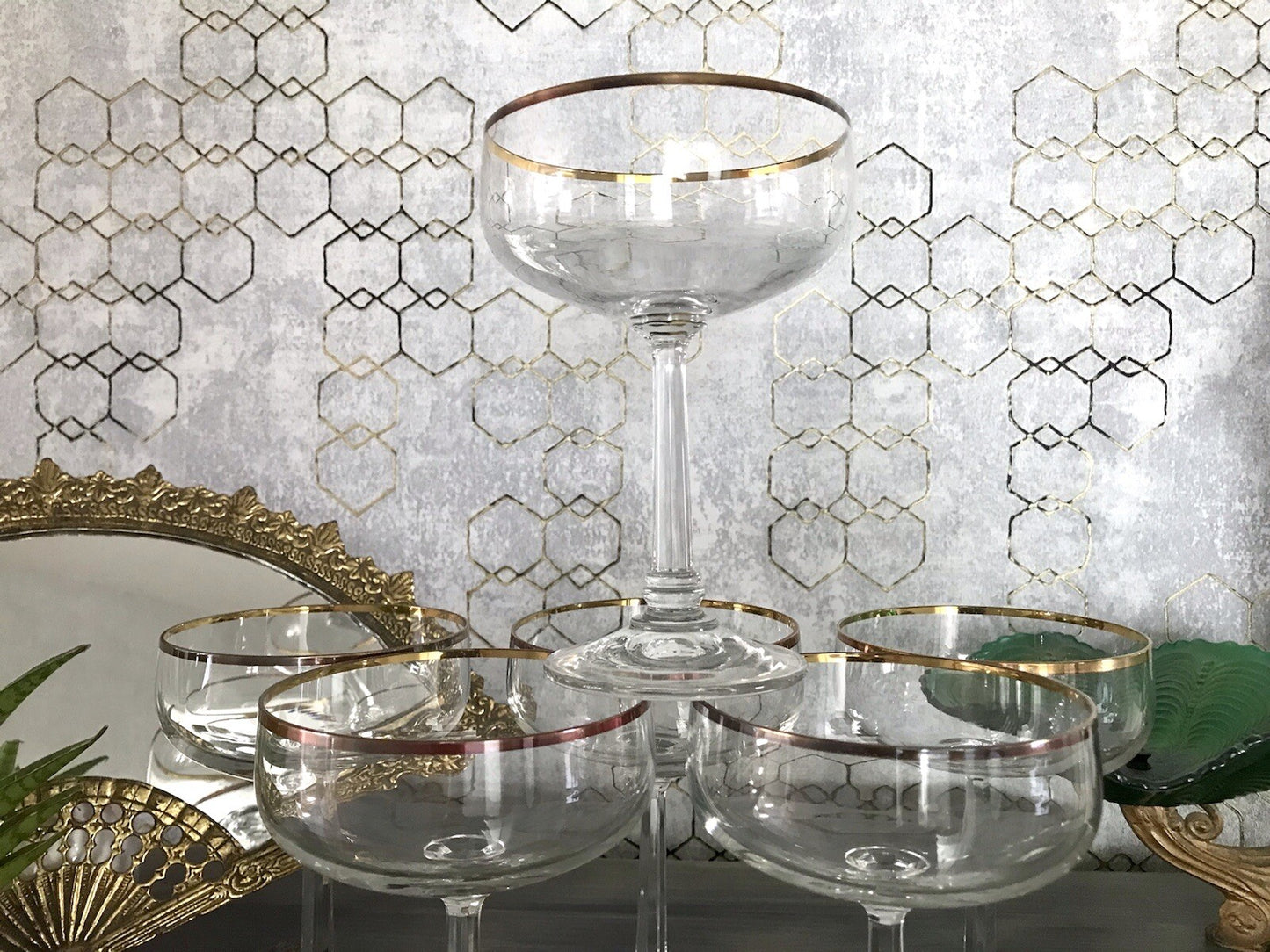 Antik? Art Déco 6 x Champagnerschalen Sekt Gläser Goldrand Lausitzer? Crystal