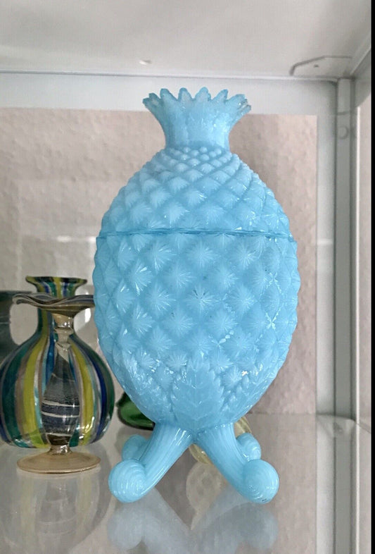 Antik Jugendstil Ananas Glasdose Dose Opalglas Deckeldose blau Pressglas SCHÖN!