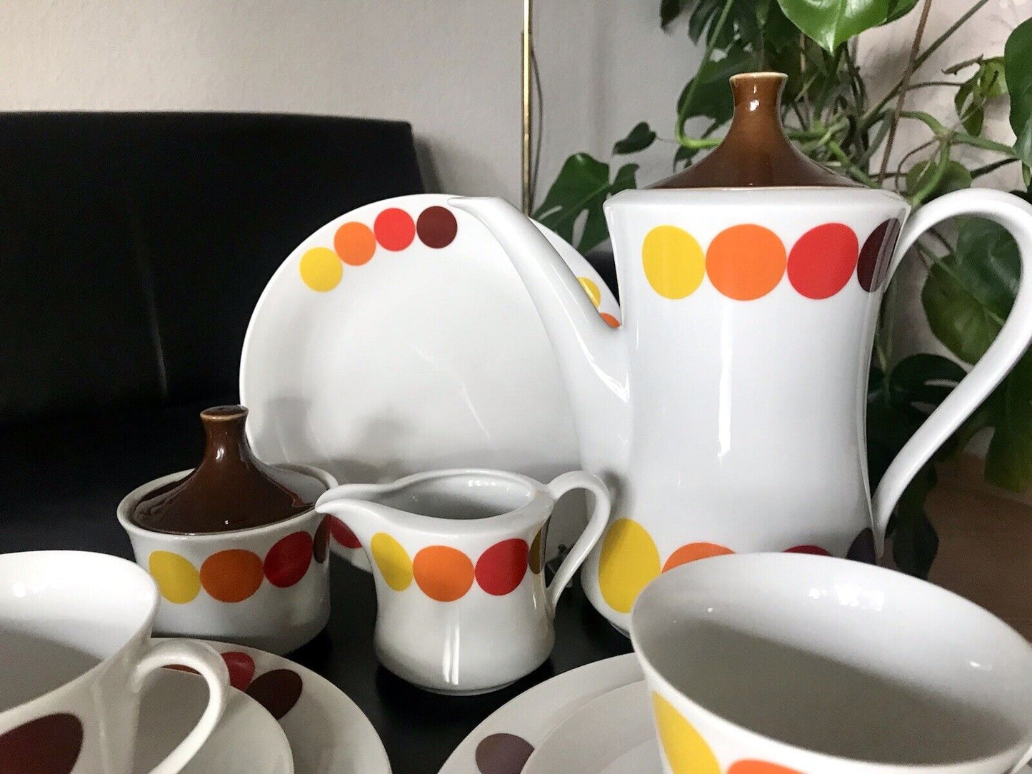 Alt Vintage 70er Seltmann Porzellan Kaffeeservice weiß bunte Kreise 6 Personen