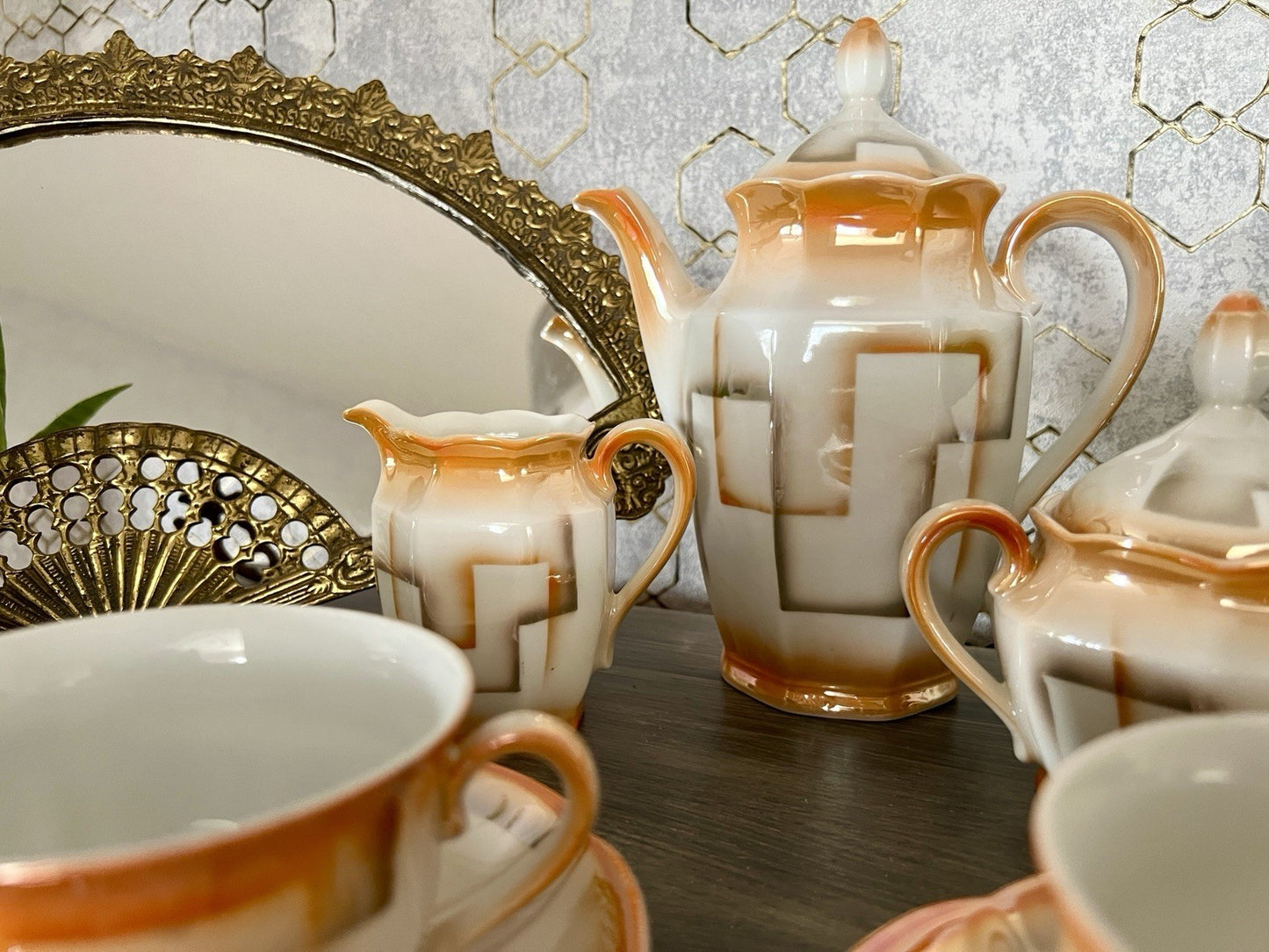 Antik Art Déco Porzellan Kaffeeservice Spritzdekor Bauhaus Teté a Téte 2 Pers.