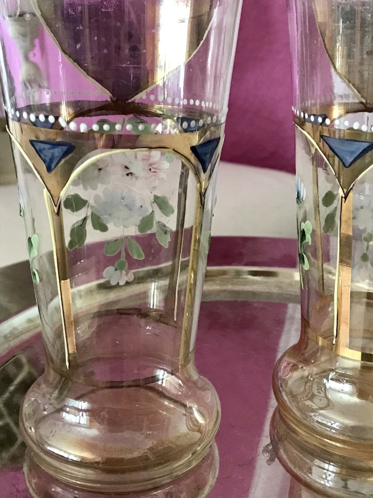 Antik Jugendstil Emaile -Malerei Glas Fußbecher Becher Pokal Bierglas irisierend