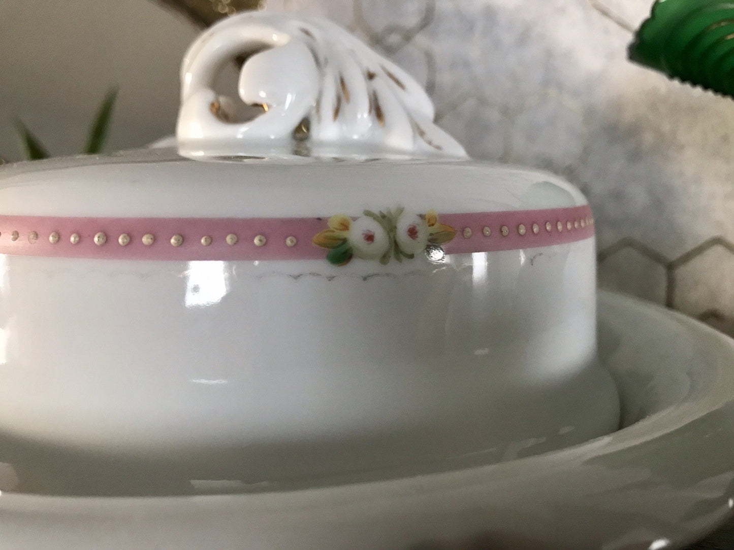 Antik Biedermeier Porzellan Butterdose Dose Handbemalung weiß rosa gold