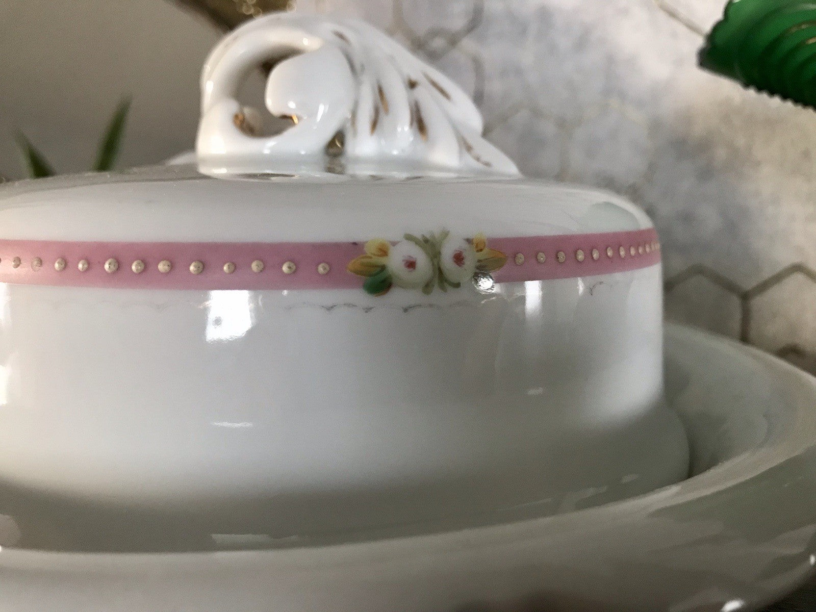 Antik Biedermeier Porzellan Butterdose Dose Handbemalung weiß rosa gold